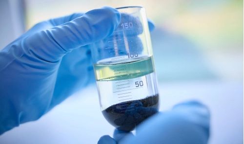 A hand in a blue protective glove holding a beaker containing a two-phase liquid and dark sediment in a laboratory environment.